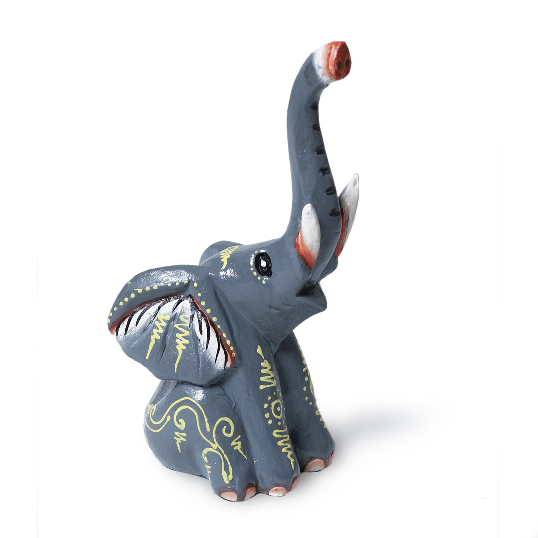Wood Figurine Depicting a Grey Elephant with Raised Trunk - Elephant Bliss