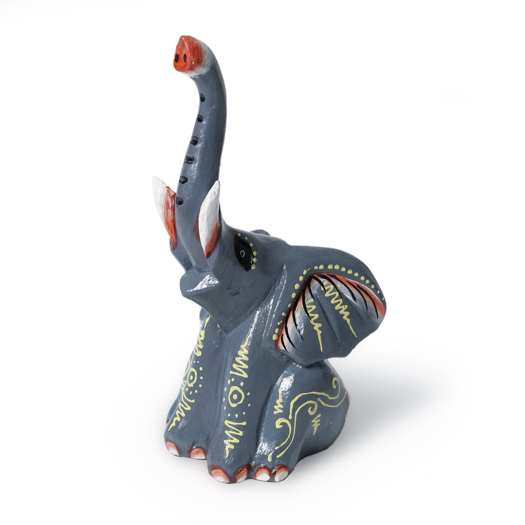 Wood Figurine Depicting a Grey Elephant with Raised Trunk - Elephant Bliss