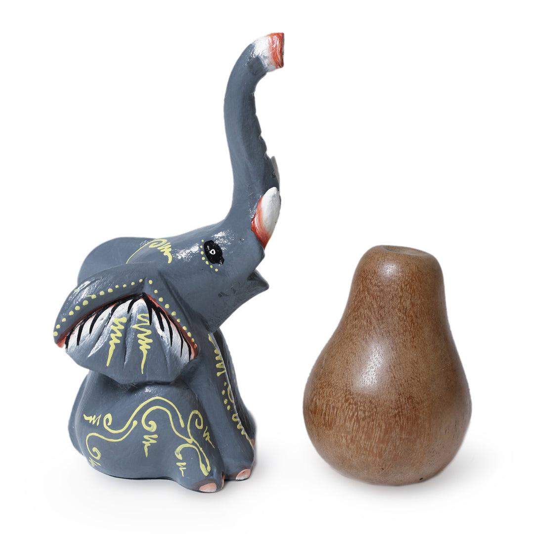 Wood Figurine Depicting a Grey Elephant with Raised Trunk - Elephant Bliss