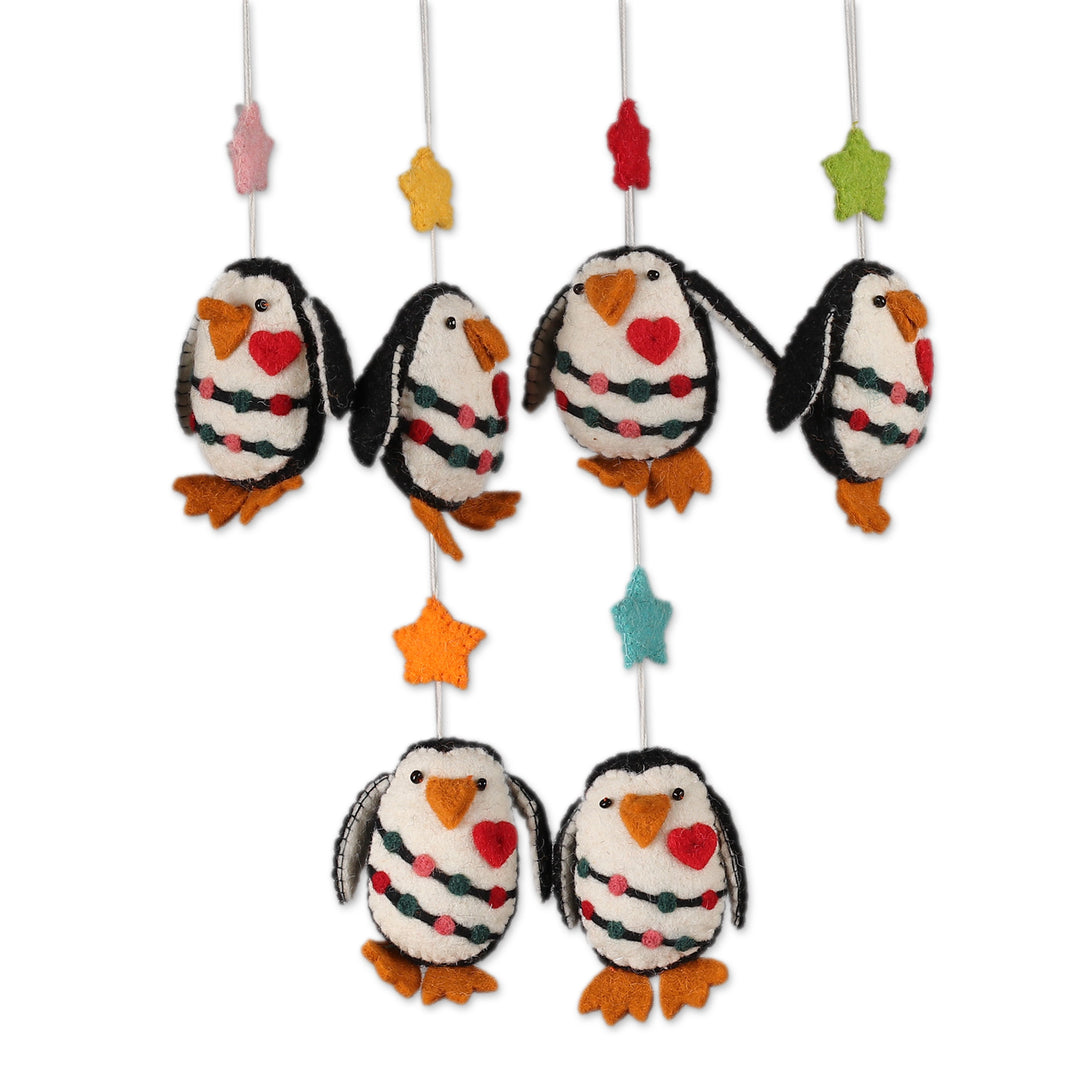 Set of 6 Handcrafted Wool Felt Christmas Penguin Ornaments - Penguin Cheers