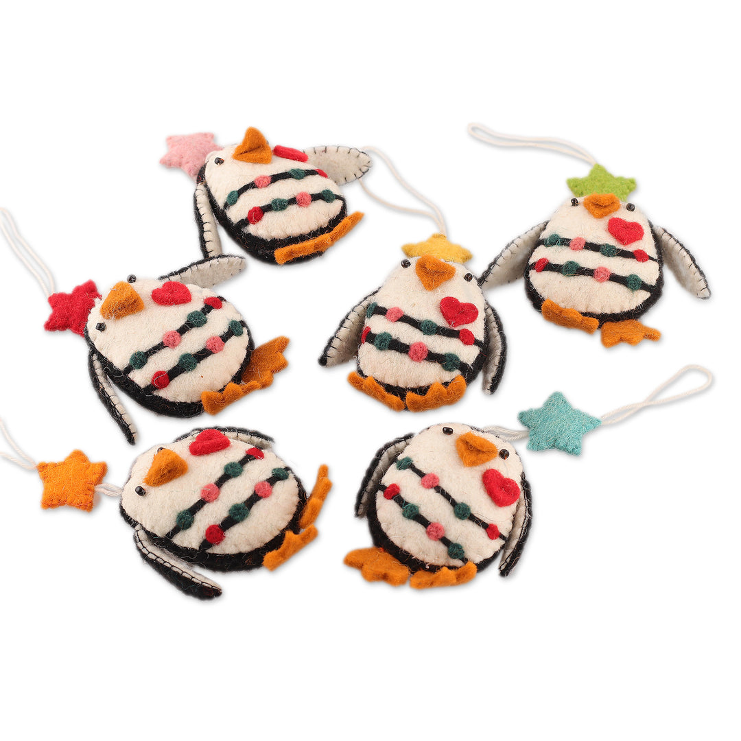 Set of 6 Handcrafted Wool Felt Christmas Penguin Ornaments - Penguin Cheers