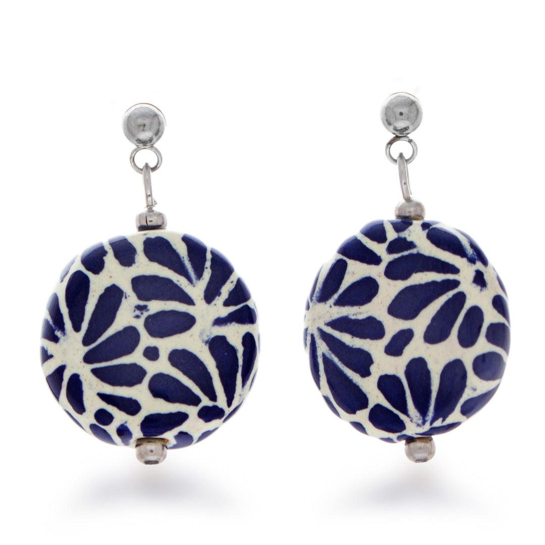 Feather Floral Talavera Style Ceramic Dangle Earrings - Blue Feather Symphony