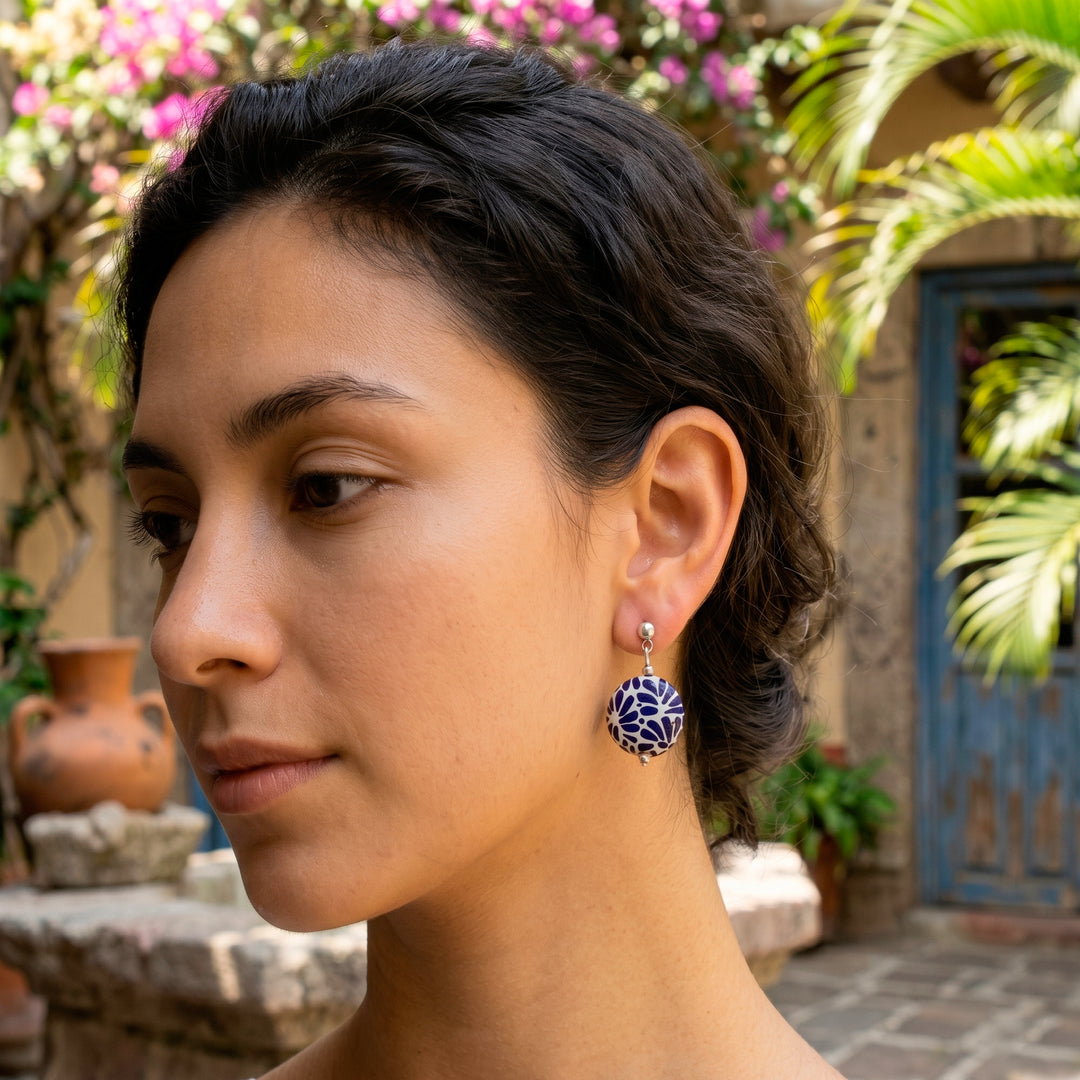 Feather Floral Talavera Style Ceramic Dangle Earrings - Blue Feather Symphony