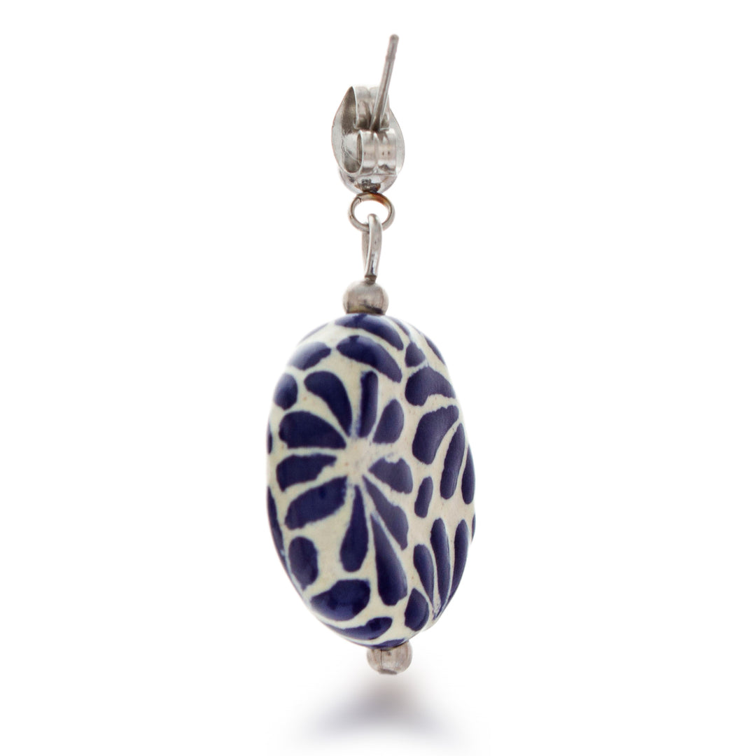 Feather Floral Talavera Style Ceramic Dangle Earrings - Blue Feather Symphony