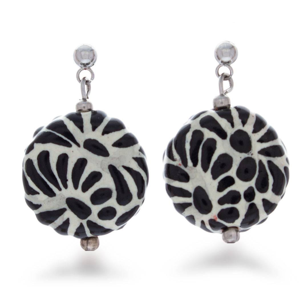 Black and White Ceramic Dangle Earrings in Talavera Style - Black Feather Symphony