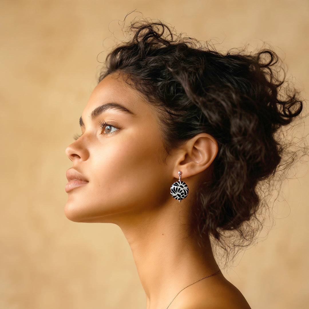 Black and White Ceramic Dangle Earrings in Talavera Style - Black Feather Symphony