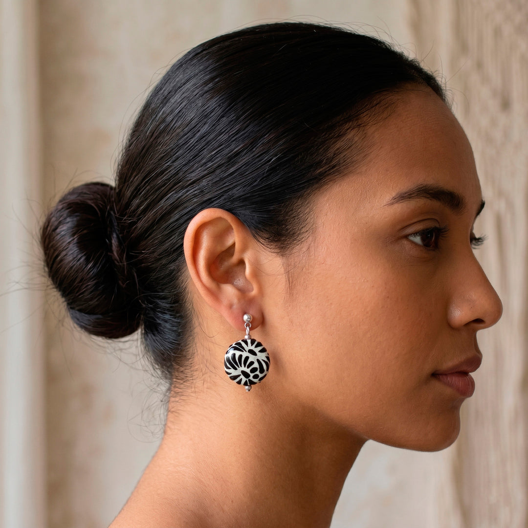 Black and White Ceramic Dangle Earrings in Talavera Style - Black Feather Symphony