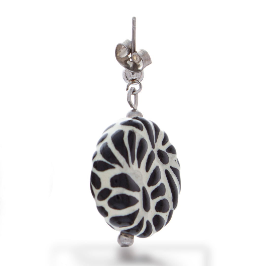 Black and White Ceramic Dangle Earrings in Talavera Style - Black Feather Symphony