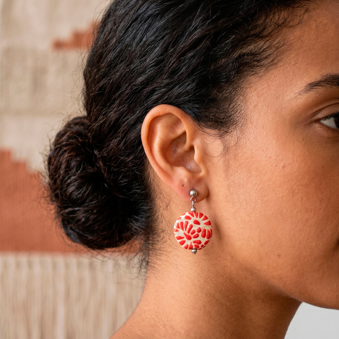 Talavera Style Ceramic Dangle Earrings in Red and White Hues - Red Feather Symphony