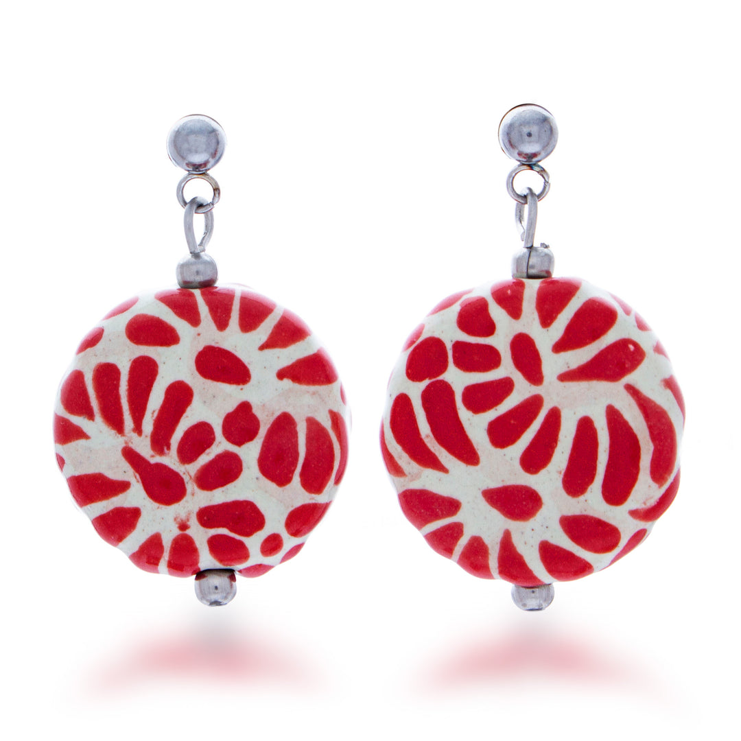 Talavera Style Ceramic Dangle Earrings in Red and White Hues - Red Feather Symphony