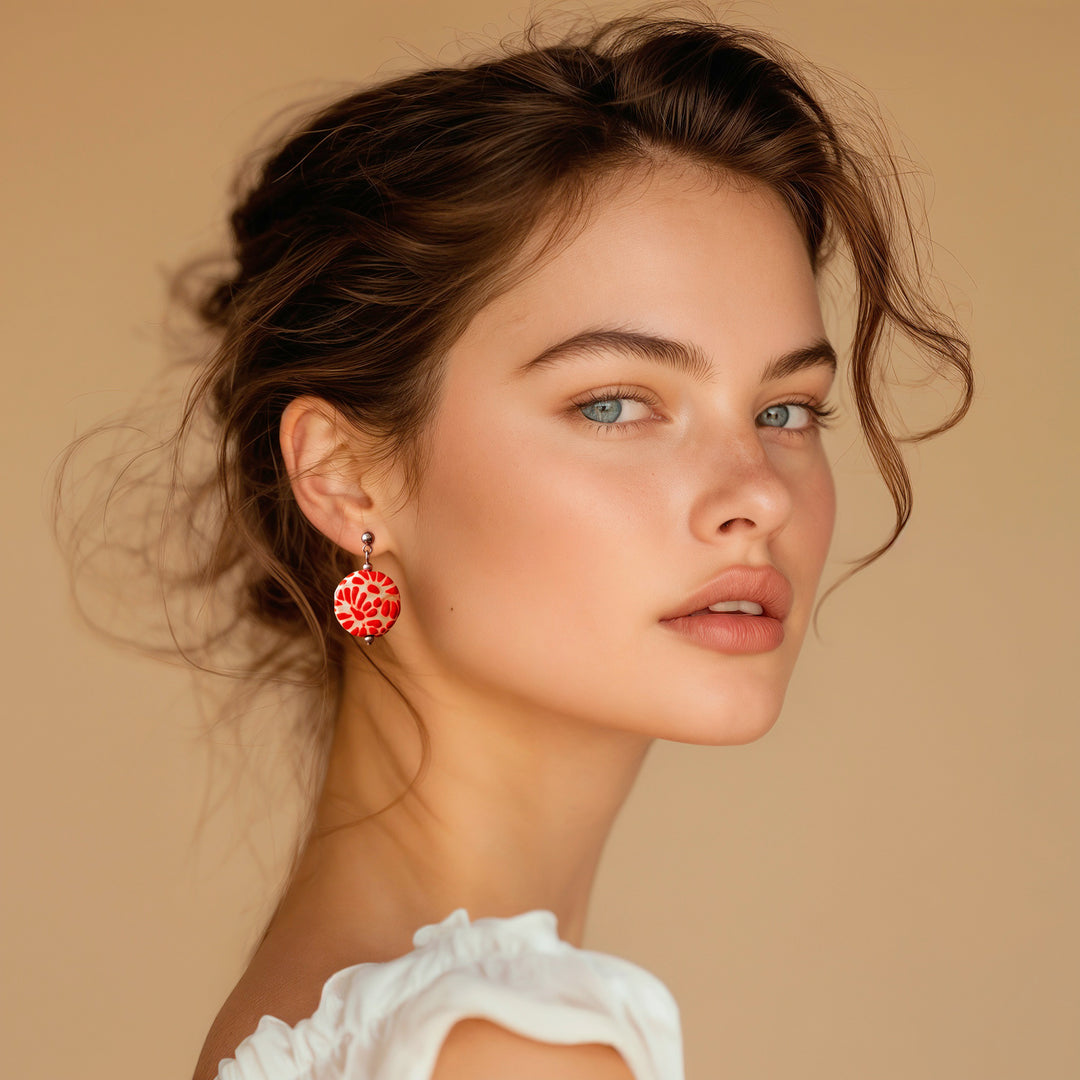 Talavera Style Ceramic Dangle Earrings in Red and White Hues - Red Feather Symphony