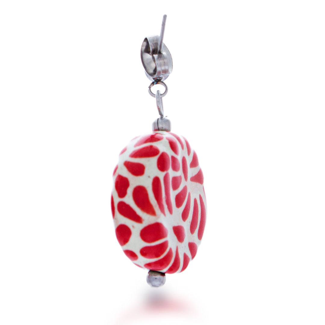 Talavera Style Ceramic Dangle Earrings in Red and White Hues - Red Feather Symphony