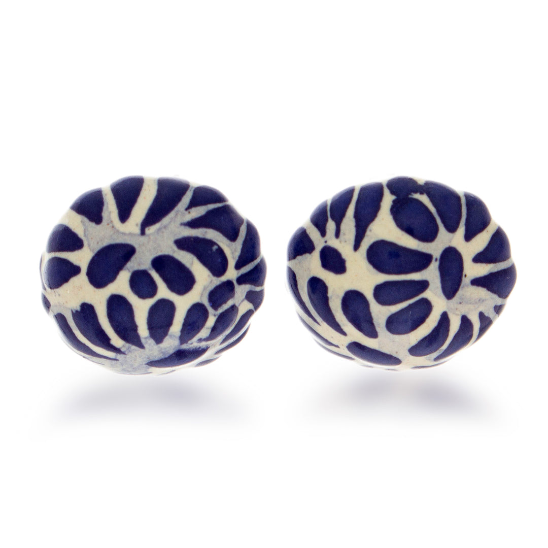 Blue and White Talavera Style Floral Ceramic Button Earrings - Blue Feather Spark