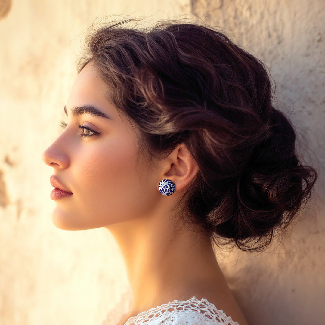Blue and White Talavera Style Floral Ceramic Button Earrings - Blue Feather Spark