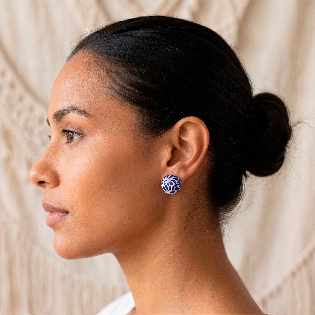 Blue and White Talavera Style Floral Ceramic Button Earrings - Blue Feather Spark
