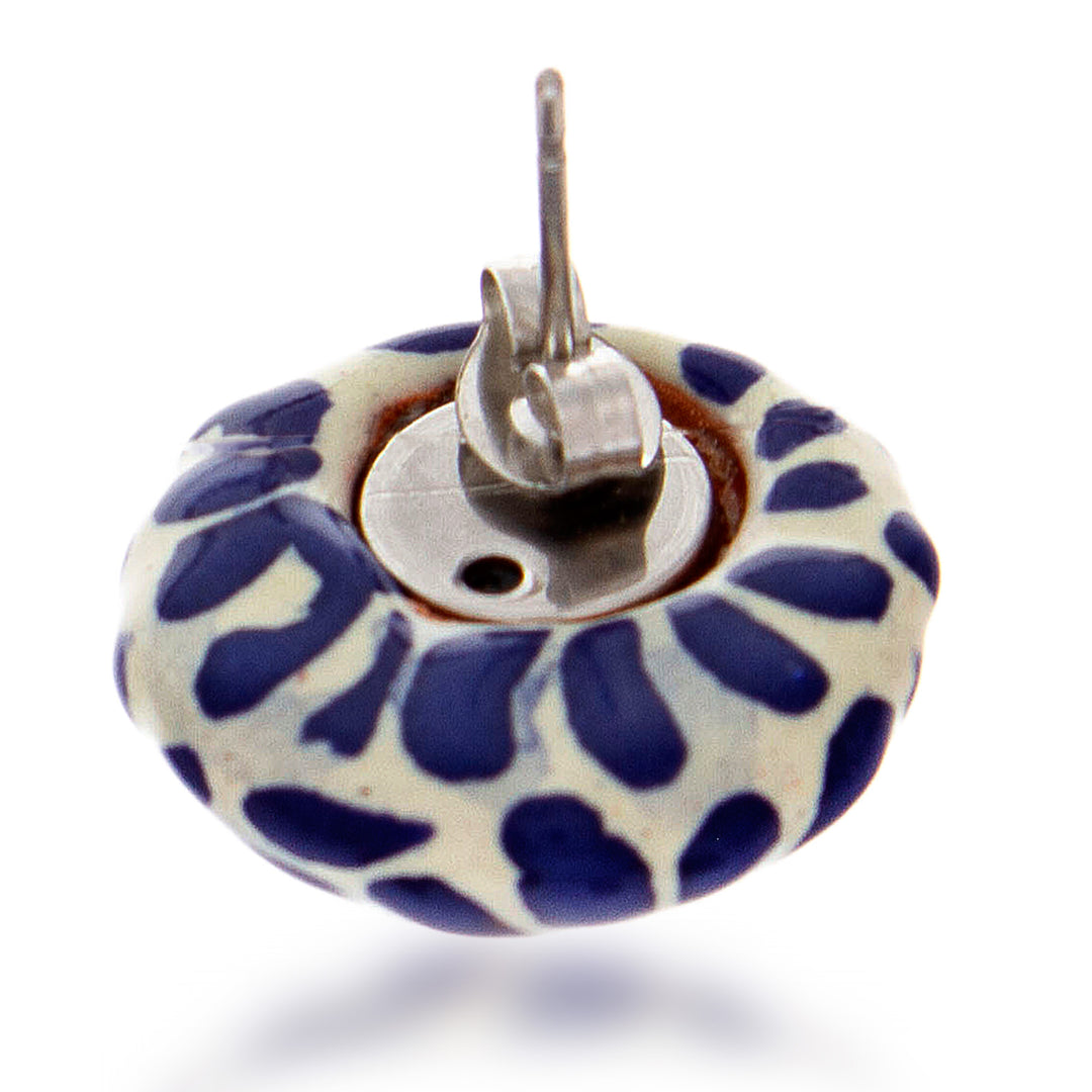 Blue and White Talavera Style Floral Ceramic Button Earrings - Blue Feather Spark