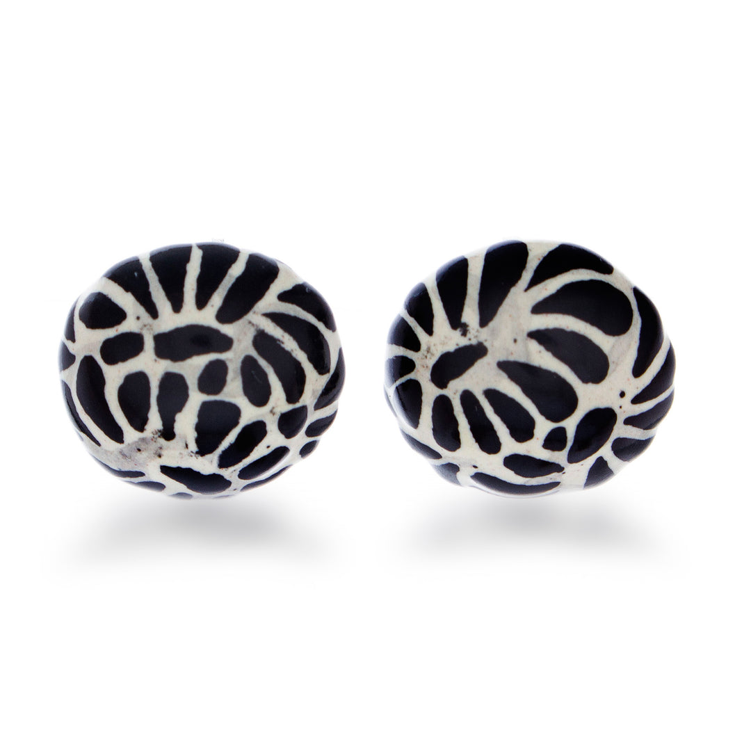 Floral-Themed Talavera Style Ceramic Button Earrings - Black Feather Spark