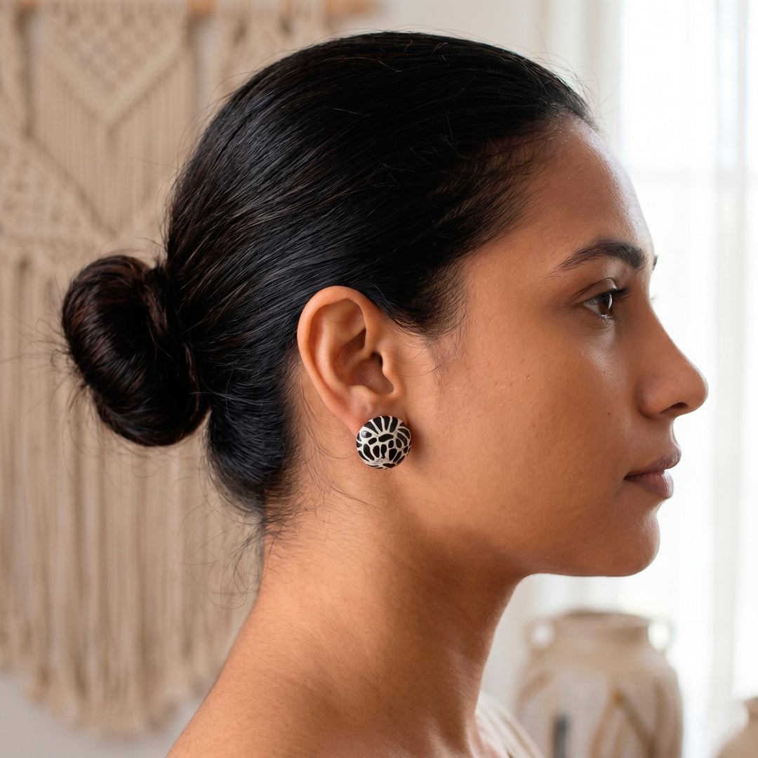 Floral-Themed Talavera Style Ceramic Button Earrings - Black Feather Spark