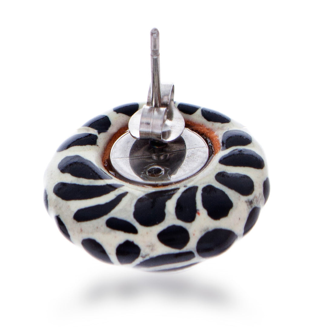 Floral-Themed Talavera Style Ceramic Button Earrings - Black Feather Spark