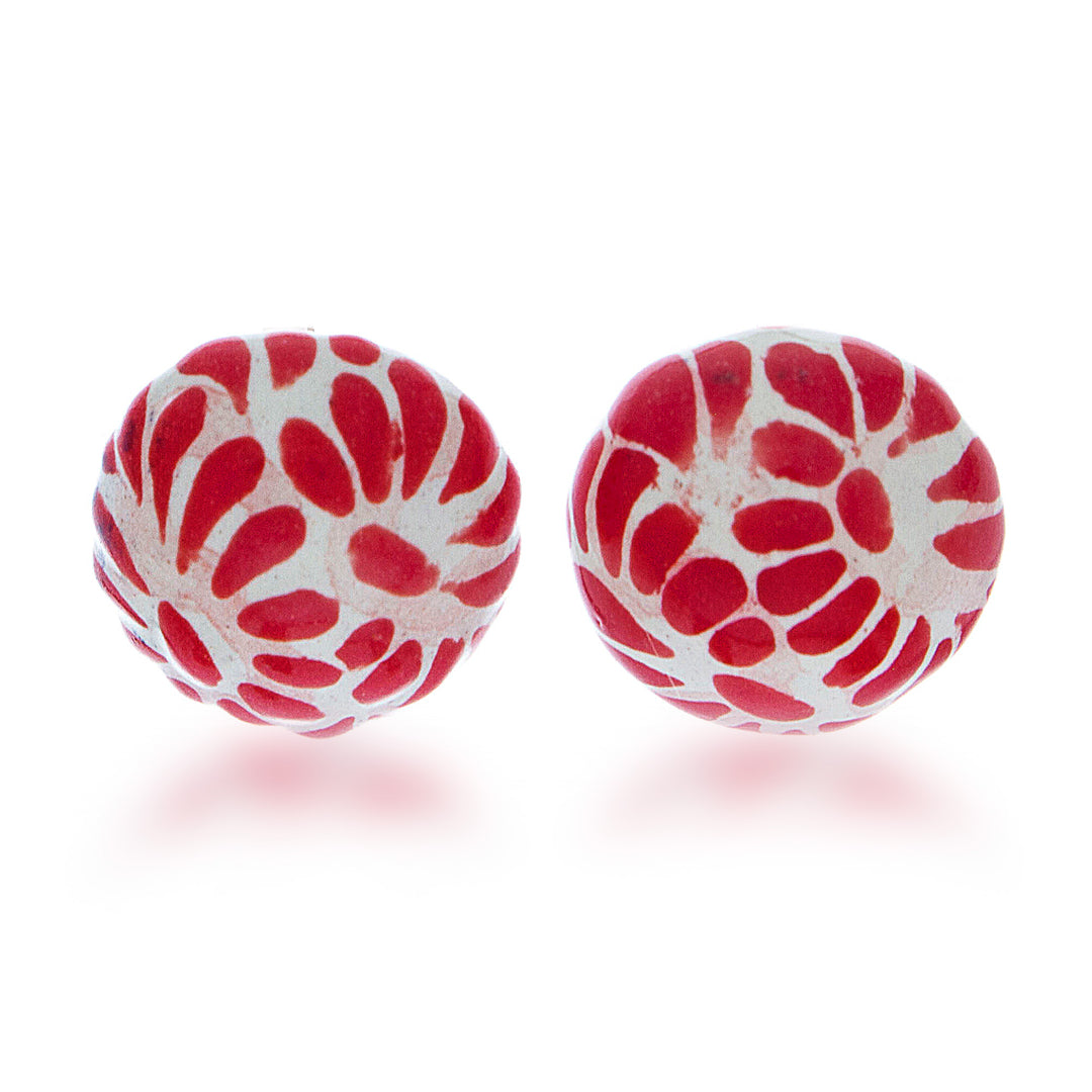 Talavera Style Ceramic Earrings with Floral Feather Motif - Red Feather Spark