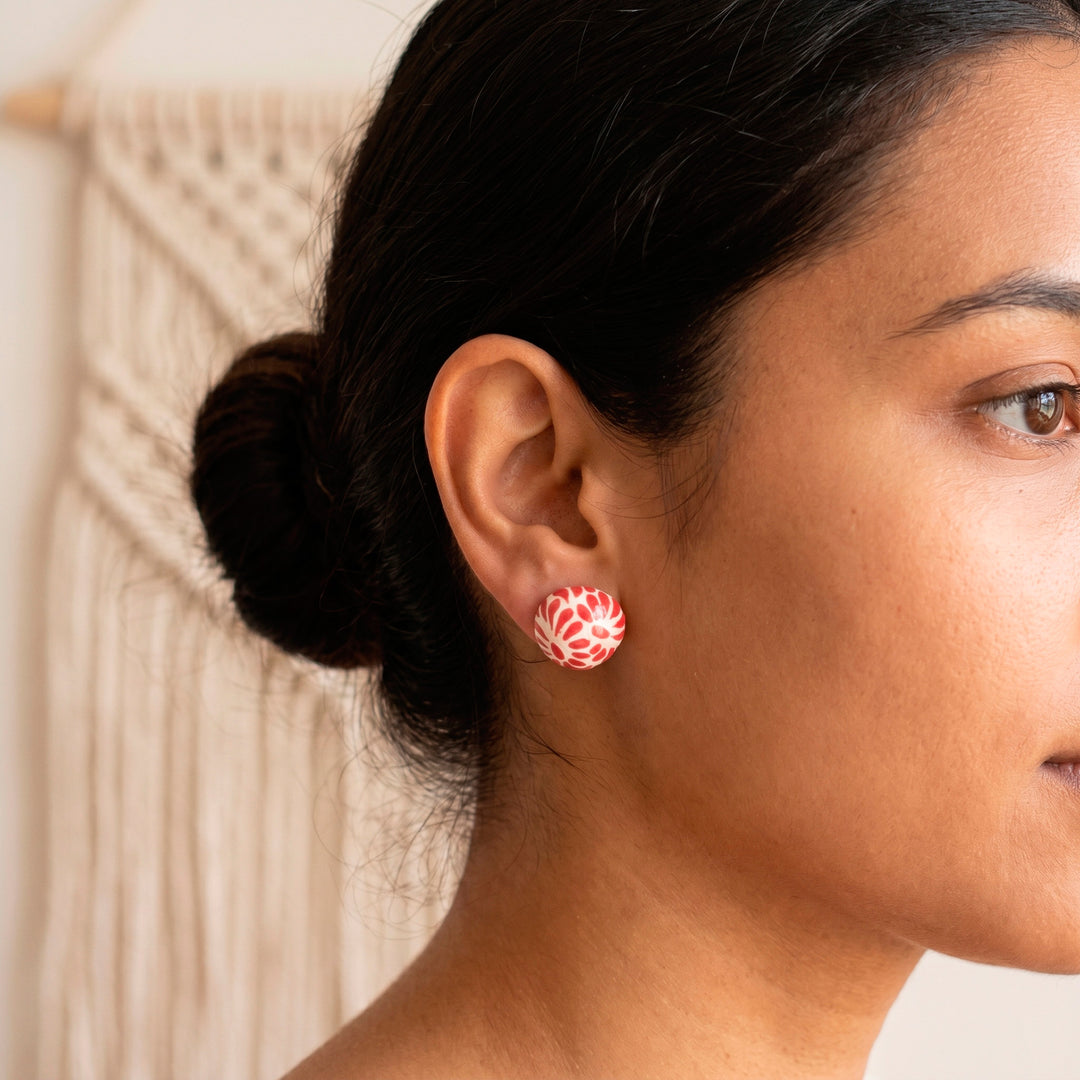Talavera Style Ceramic Earrings with Floral Feather Motif - Red Feather Spark