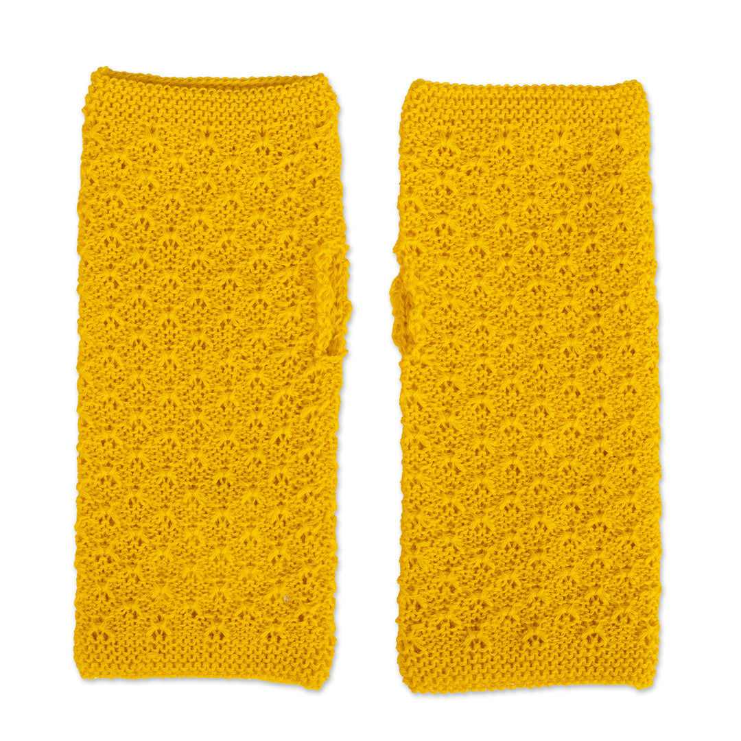 Artisan-Made Knit Gold Yellow Baby Alpaca Fingerless Mitts - Gossamer in Gold