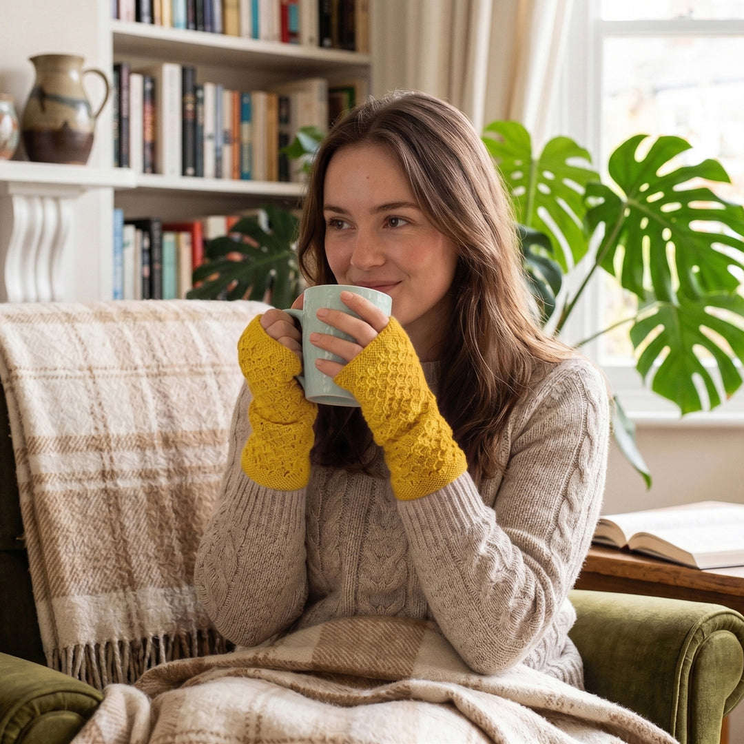 Artisan-Made Knit Gold Yellow Baby Alpaca Fingerless Mitts - Gossamer in Gold