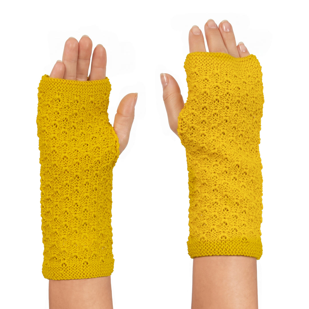 Artisan-Made Knit Gold Yellow Baby Alpaca Fingerless Mitts - Gossamer in Gold