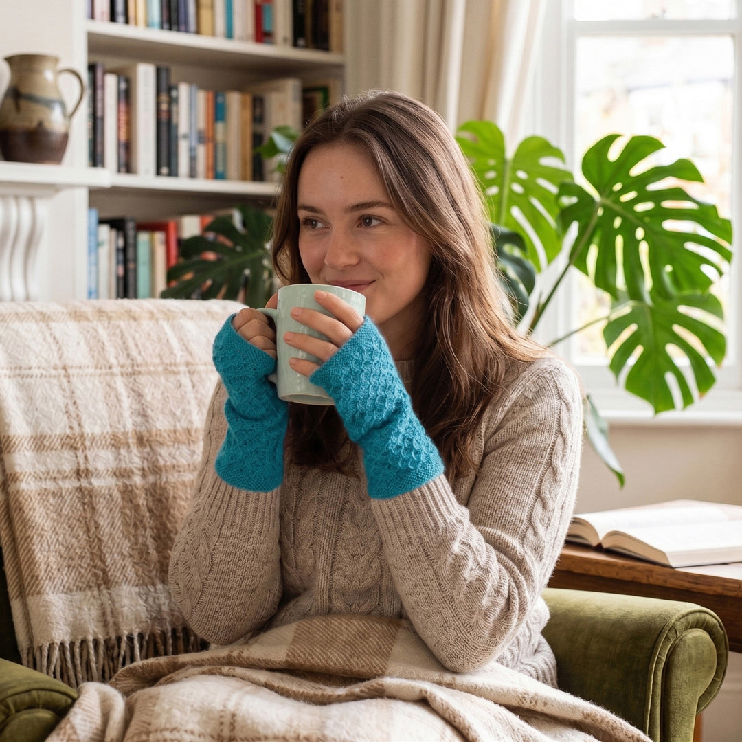 Classic Turquoise Baby Alpaca Fingerless Mitts Knit in Peru - Gossamer in Turquoise