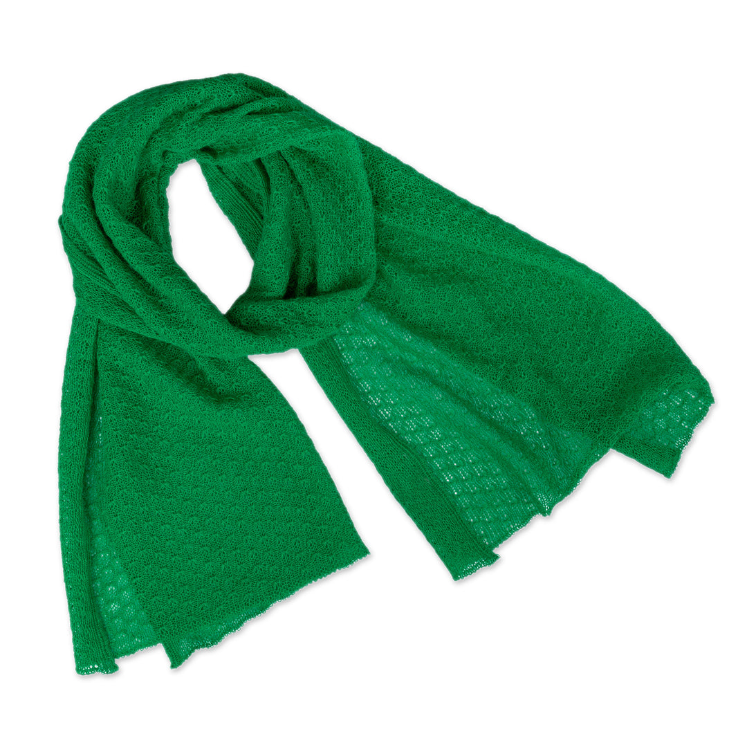 Textured Andean Knit 100% Baby Alpaca Scarf in Meadow Green - Wavy Texture in Meadow