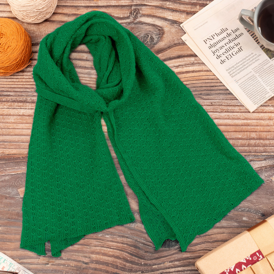 Textured Andean Knit 100% Baby Alpaca Scarf in Meadow Green - Wavy Texture in Meadow