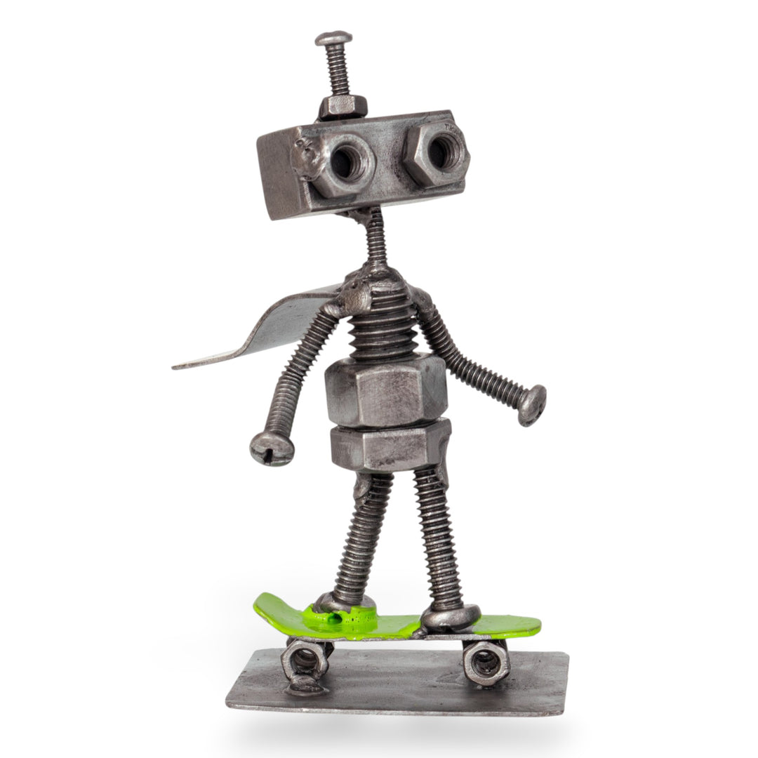 Eco-Friendly Upcycled Metal Figurine of Robot and Skateboard - Adventurous Bolts