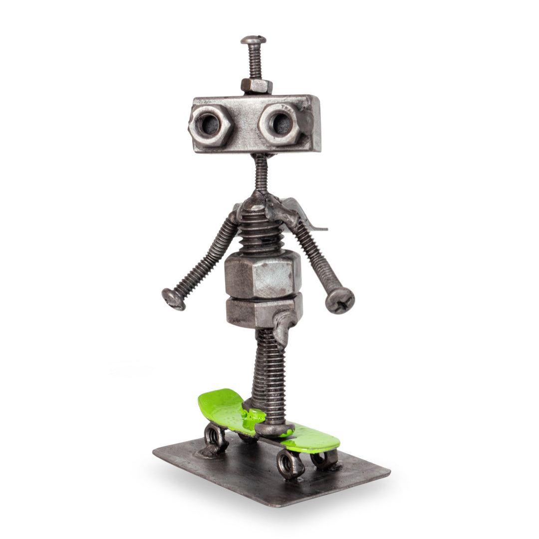 Eco-Friendly Upcycled Metal Figurine of Robot and Skateboard - Adventurous Bolts