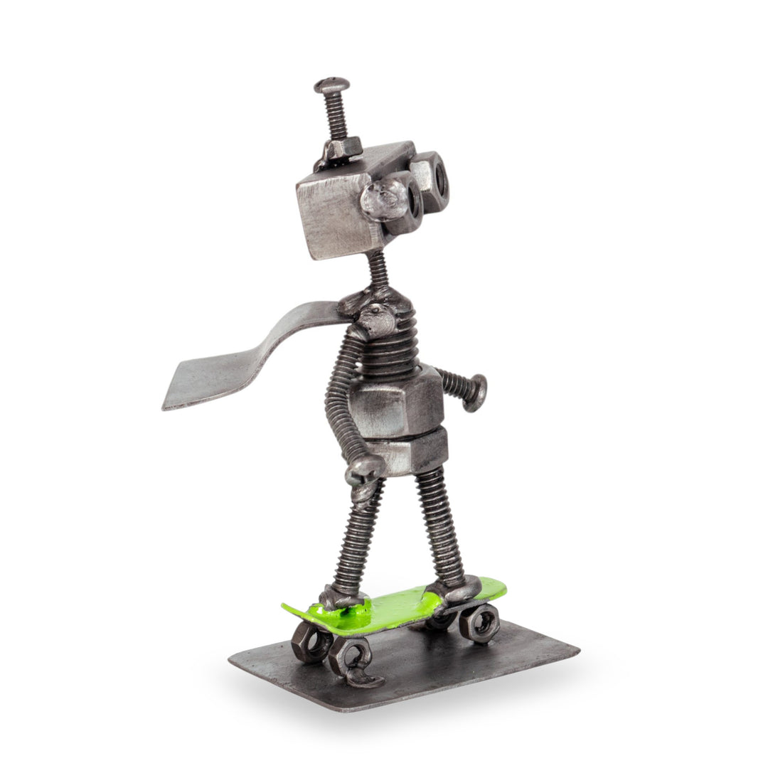 Eco-Friendly Upcycled Metal Figurine of Robot and Skateboard - Adventurous Bolts