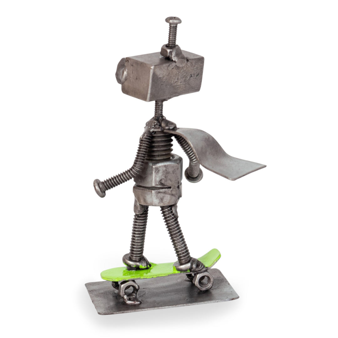 Eco-Friendly Upcycled Metal Figurine of Robot and Skateboard - Adventurous Bolts