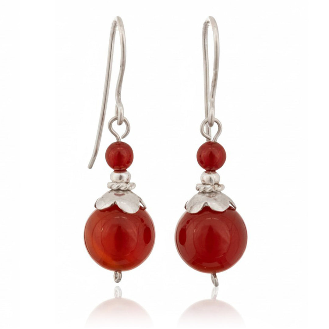 Double Ball-Themed Agate and Sterling Silver Dangle Earrings - Crimson Pretty