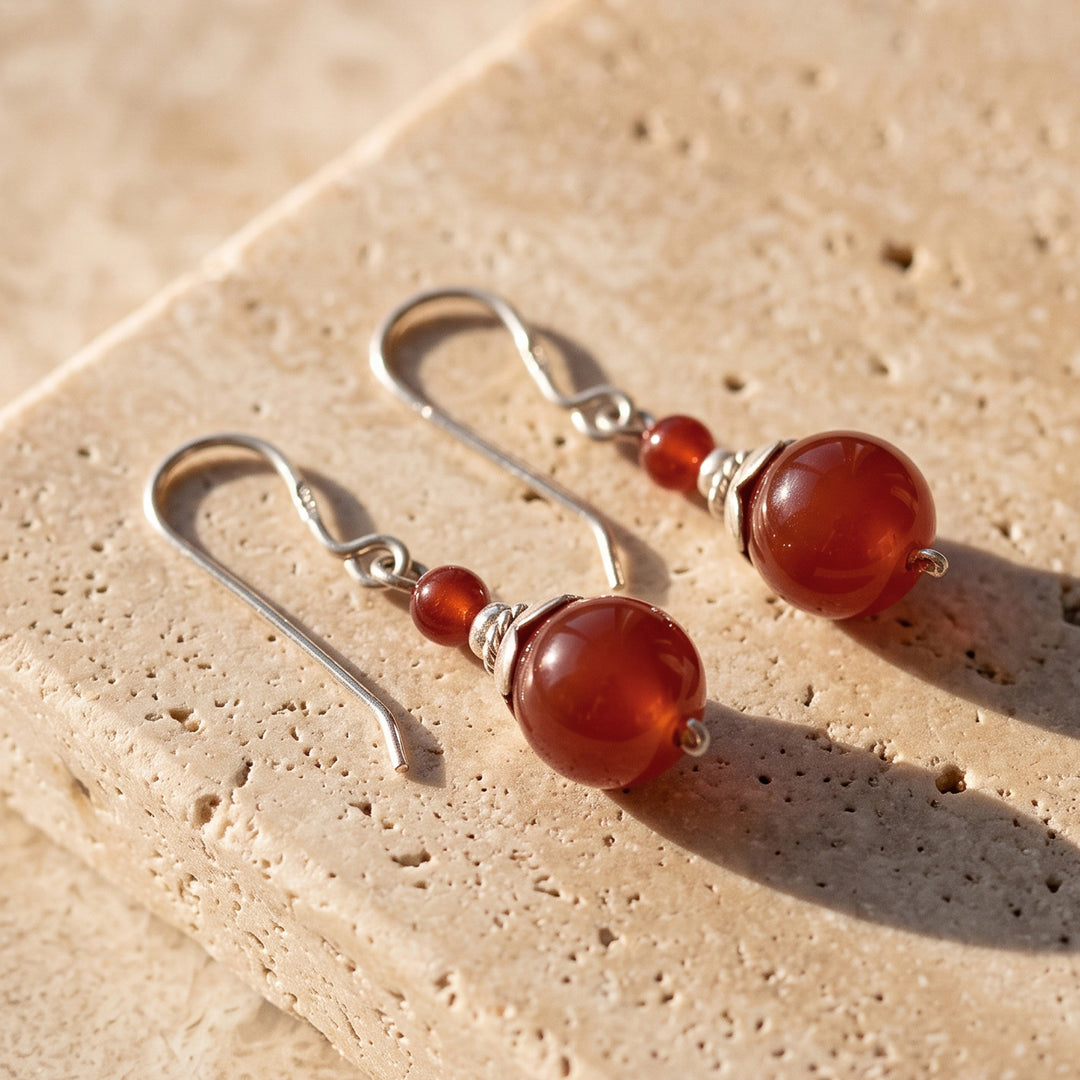 Double Ball-Themed Agate and Sterling Silver Dangle Earrings - Crimson Pretty