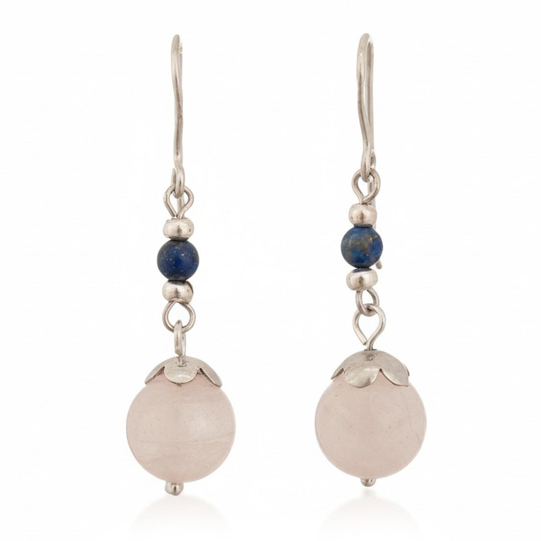 Classic Rose Quartz Lapis Lazuli Silver Dangle Earrings - Blush Moon