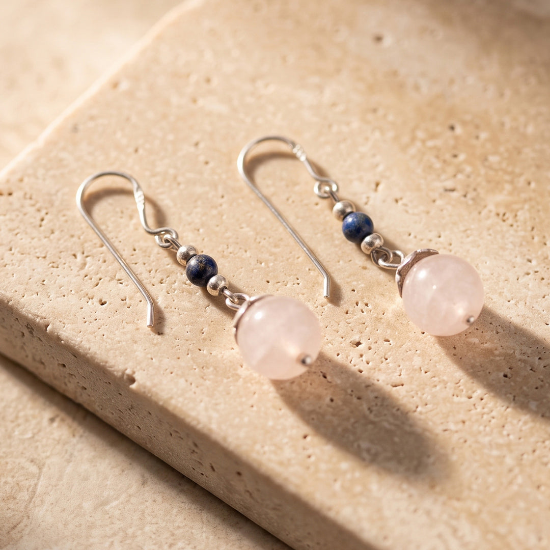 Classic Rose Quartz Lapis Lazuli Silver Dangle Earrings - Blush Moon