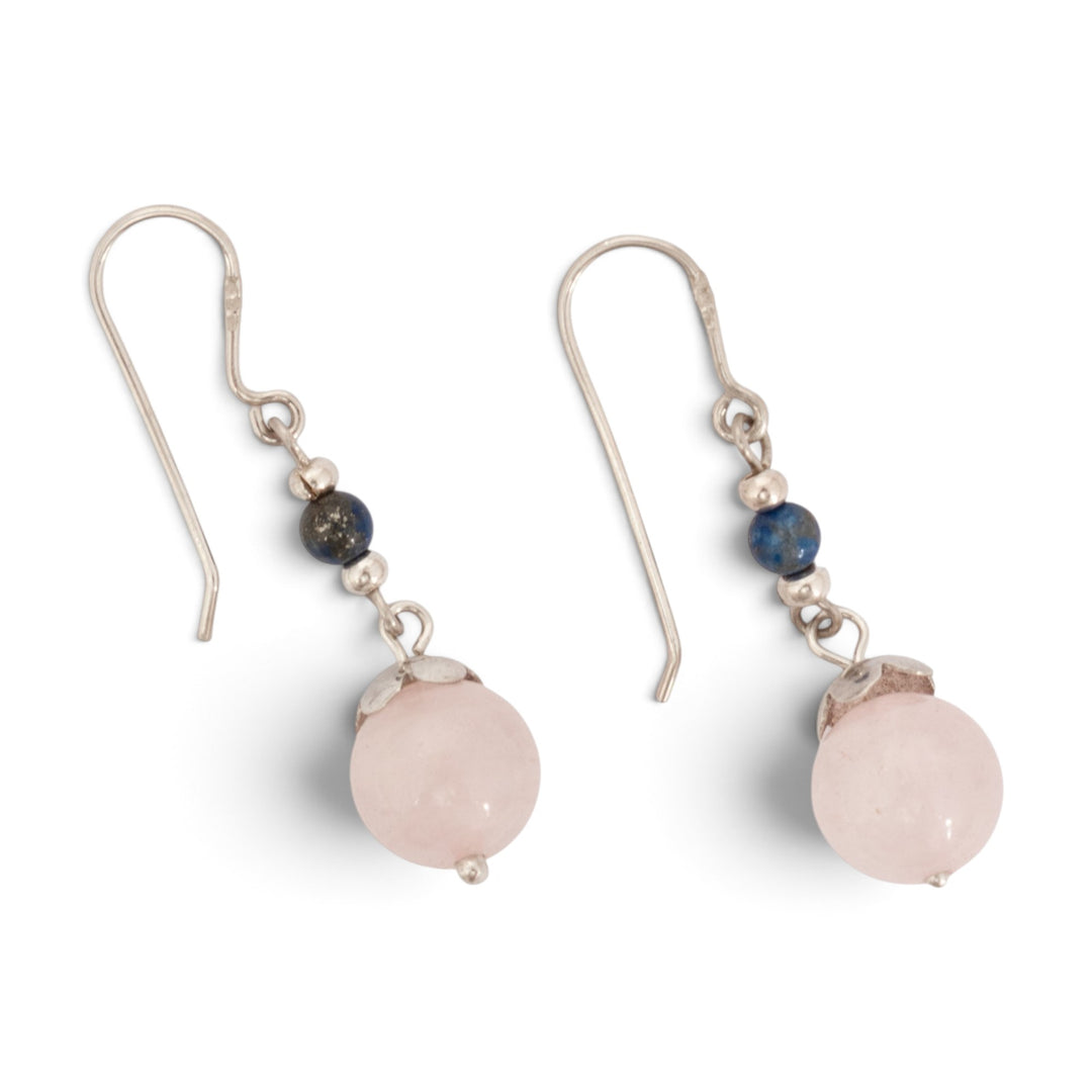 Classic Rose Quartz Lapis Lazuli Silver Dangle Earrings - Blush Moon