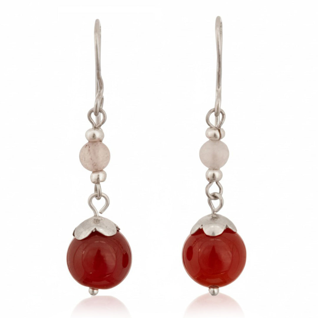 Silver Dangle Earrings with Round Agate Rose Quartz Stones - Fiery Moon