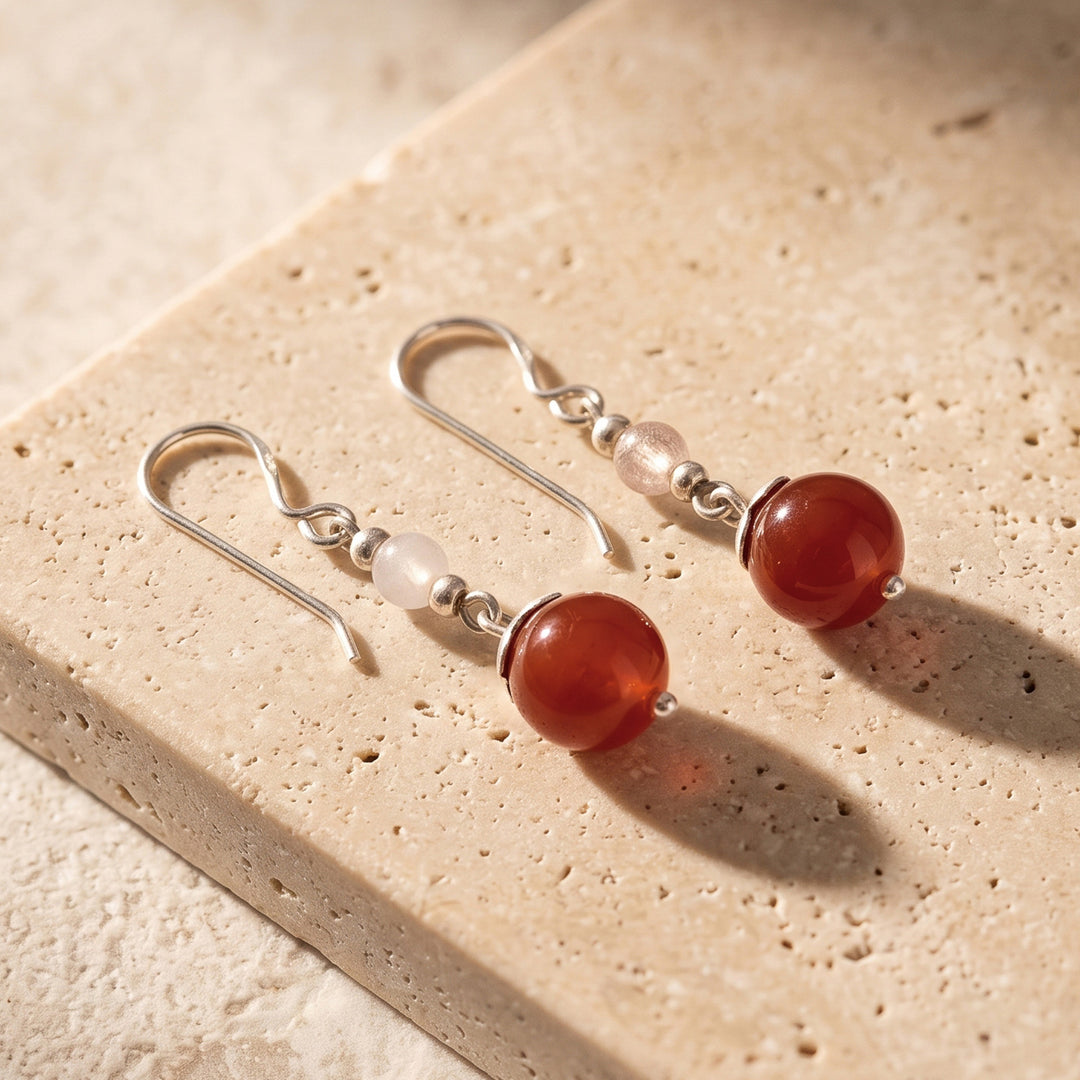 Silver Dangle Earrings with Round Agate Rose Quartz Stones - Fiery Moon