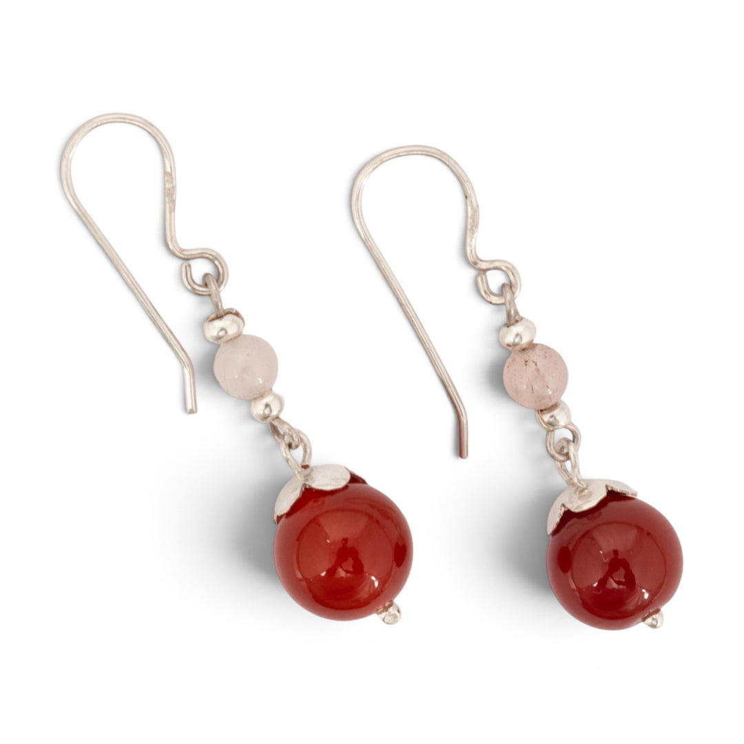 Silver Dangle Earrings with Round Agate Rose Quartz Stones - Fiery Moon