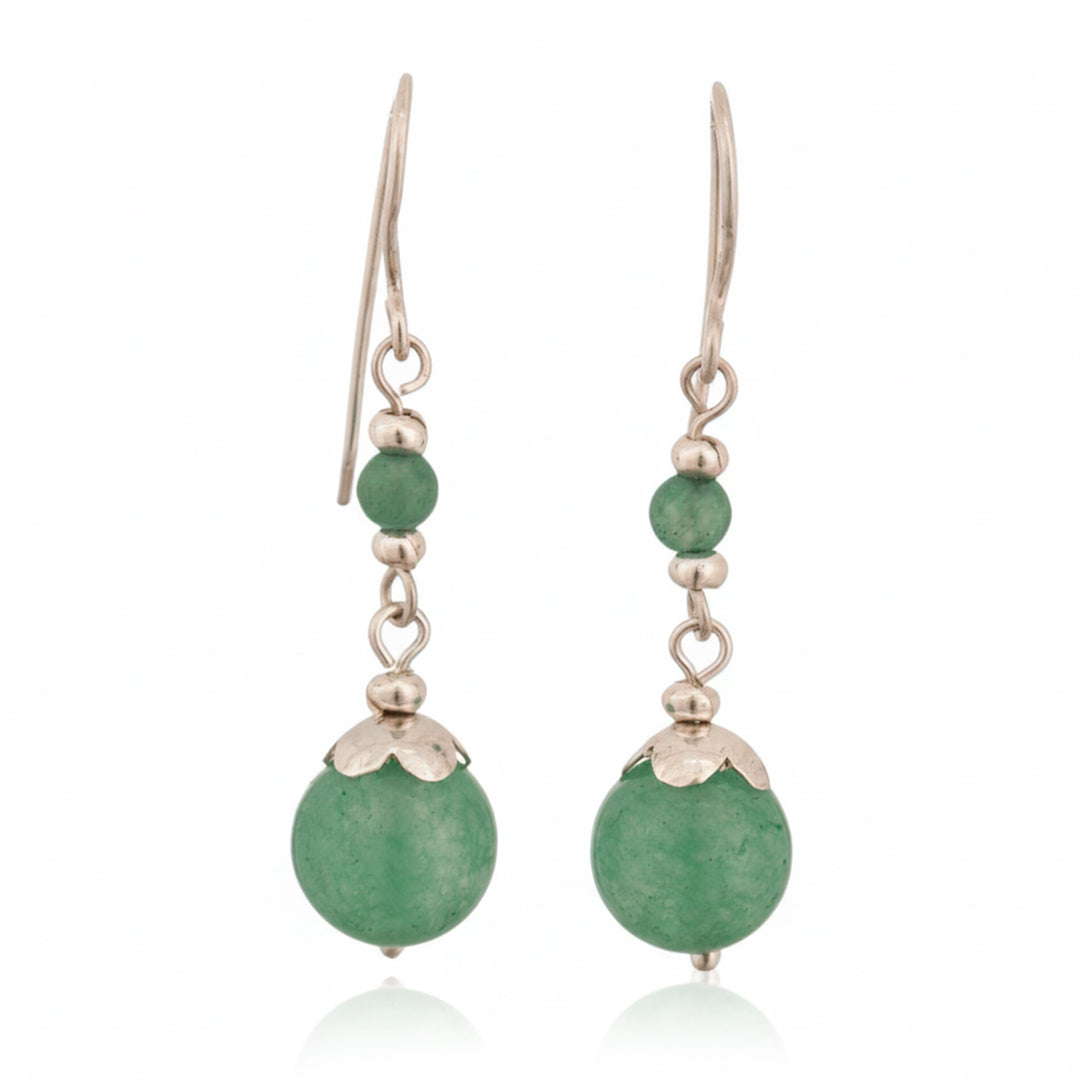 Aventurine Silver Dangle Earrings with Double Ball Design - Verdant Moon