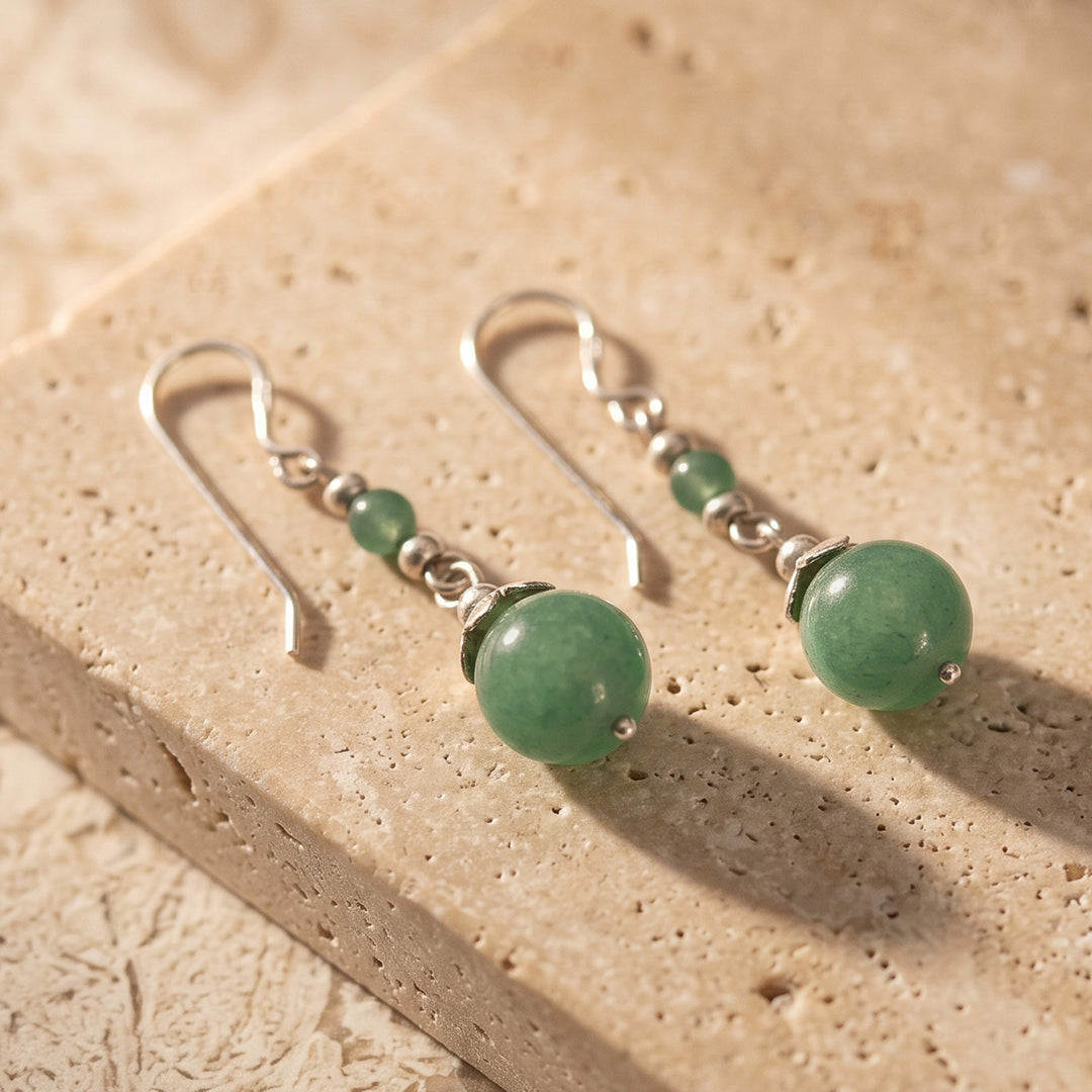 Aventurine Silver Dangle Earrings with Double Ball Design - Verdant Moon