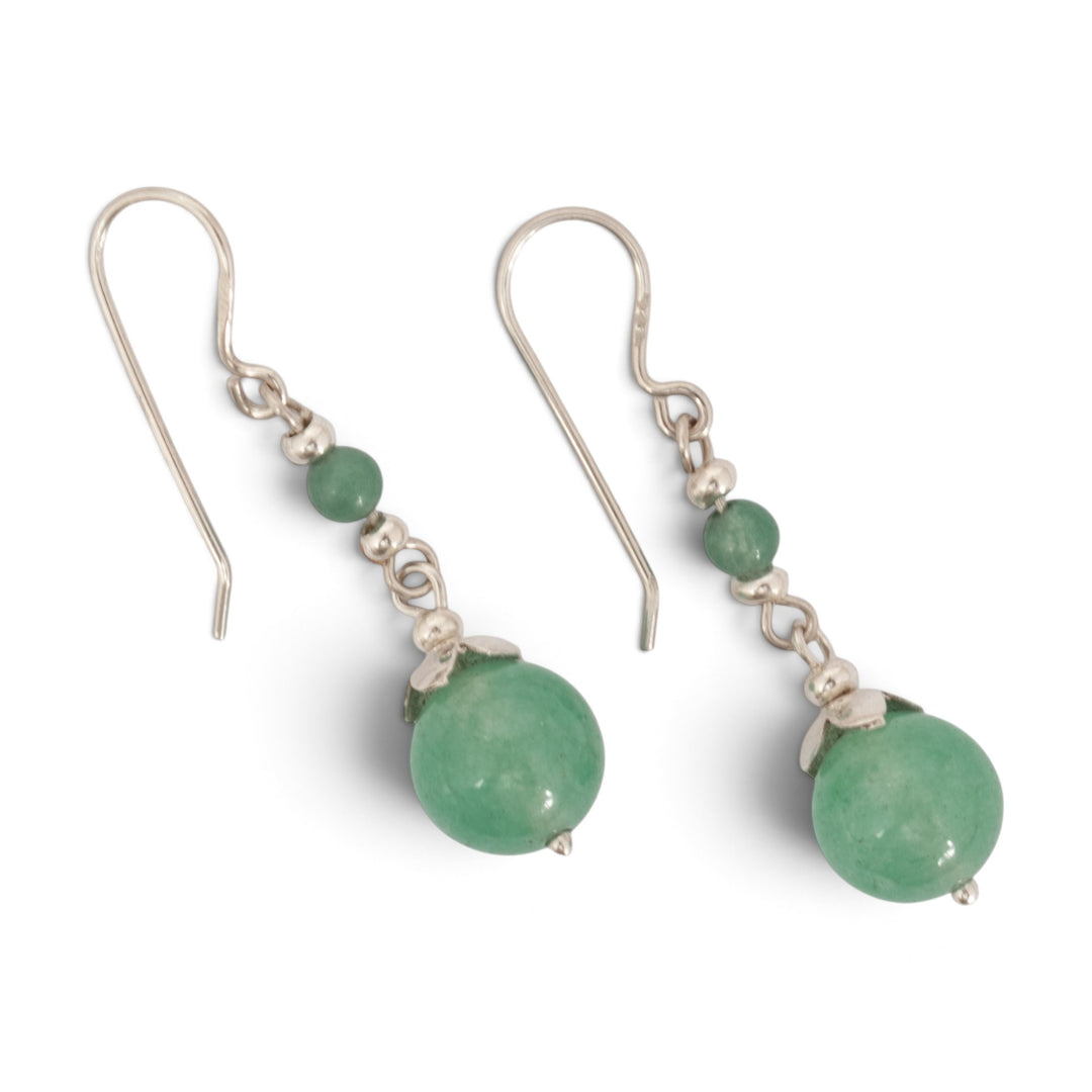Aventurine Silver Dangle Earrings with Double Ball Design - Verdant Moon
