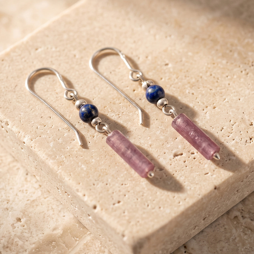 Natural Lapis Lazuli and Rose Quartz Beaded Dangle Earrings - Lunaria Petals