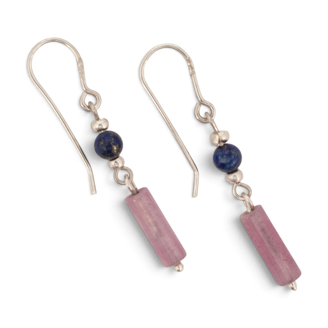 Natural Lapis Lazuli and Rose Quartz Beaded Dangle Earrings - Lunaria Petals
