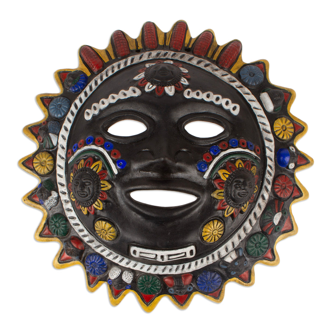 Unique Black Sun and Moon Ceramic Mask from Mexico - Ebony Sun