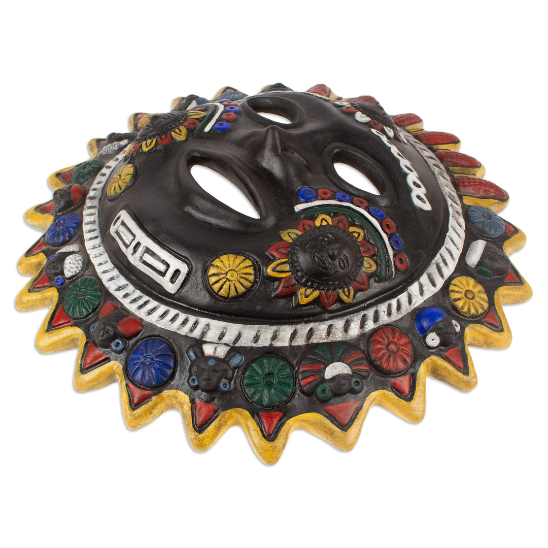 Unique Black Sun and Moon Ceramic Mask from Mexico - Ebony Sun